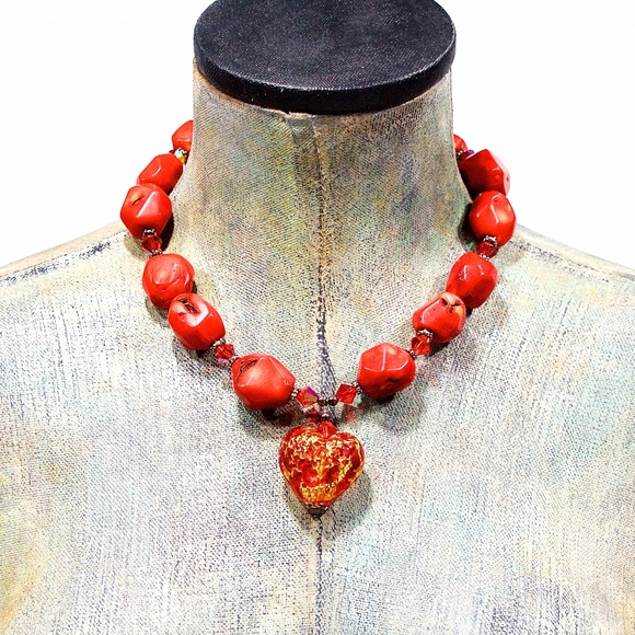 VTG 90's Coral and Silver Necklace and Earring Set - Picture 2 of 5